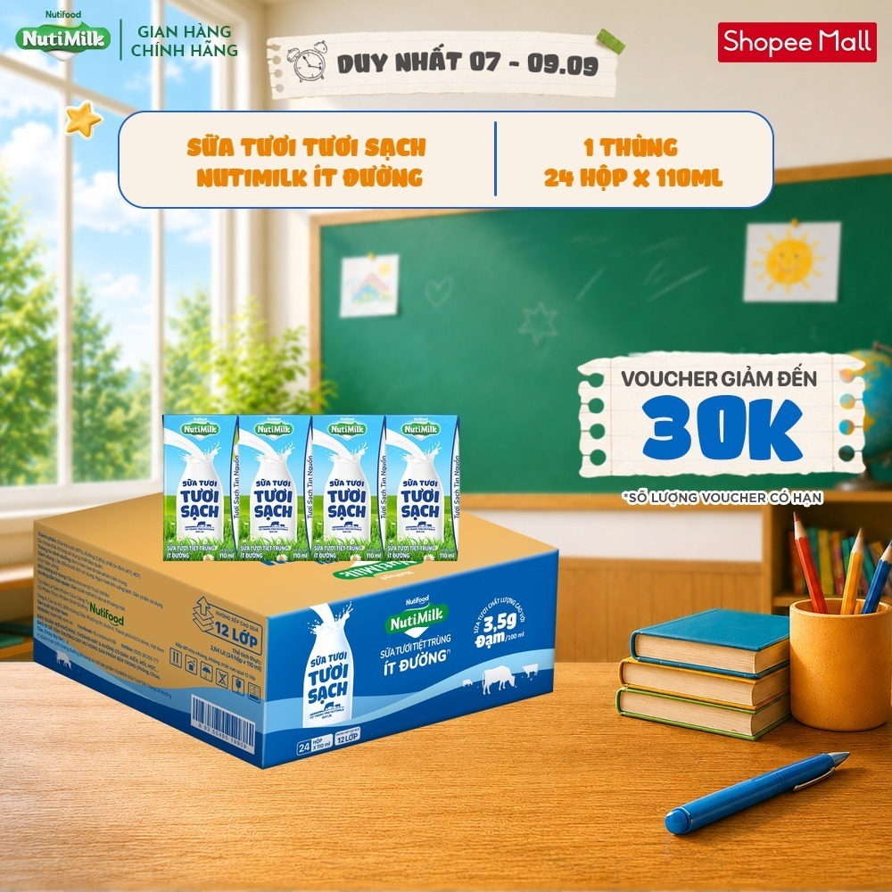 Thùng 24 Hộp Sữa Tươi Tươi Sạch NutiMilk Ít Đường 110ml
