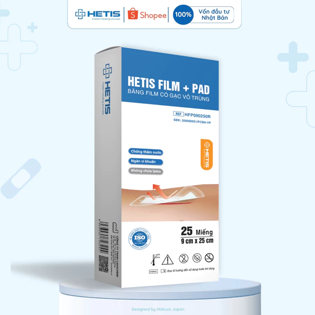 [Lẻ một miếng] Gạc vết thương chống thấm nước có gạc vô trùng Hetis Film Pad (một miếng)