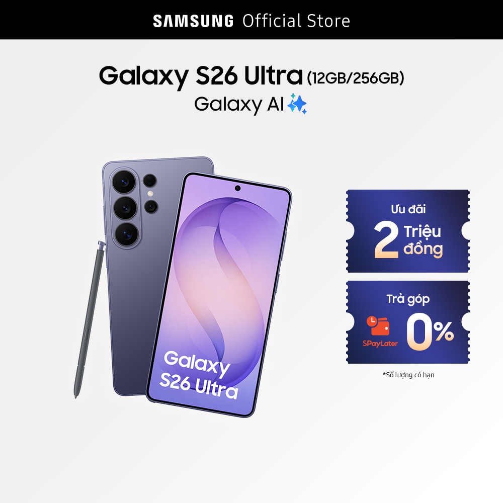 Điện thoại Samsung Galaxy S26 Ultra, 12GB/256GB, Privacy Display, Chip Snapdragon, Galaxy AI Phone, Camera 200MP