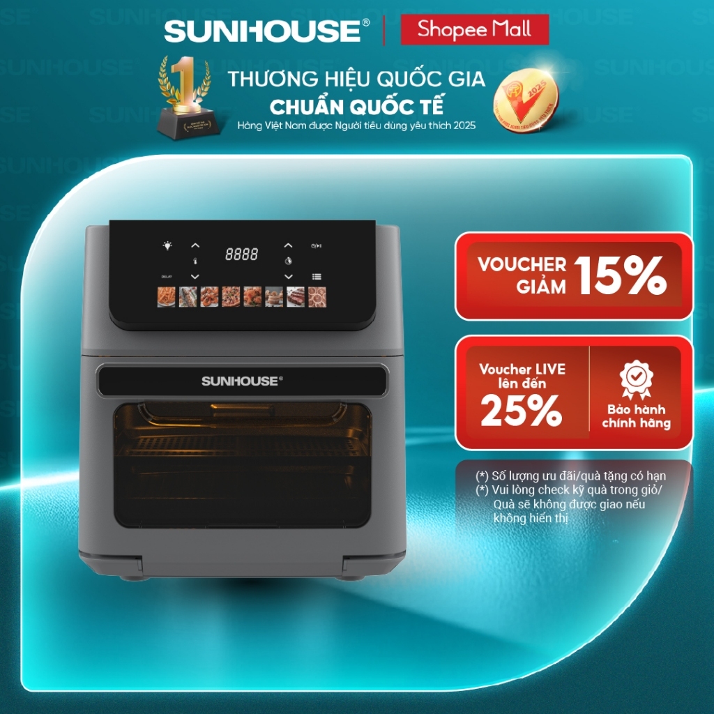 Nồi chiên không dầu 11L Sunhouse SHD4091 - Dung tích cực đại - 8 chương trình nấu cài sẵn -  Rapid Air 360