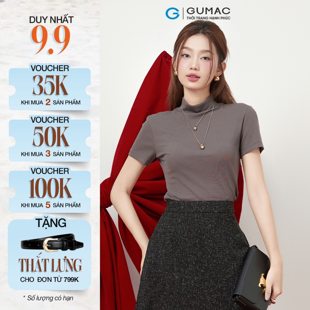 Áo Thun Cổ Lọ Nữ GUMAC Áo Thun Gân Phom Ôm Co Giãn Nhiều Tôn Dáng LATE1111 - LATG08046