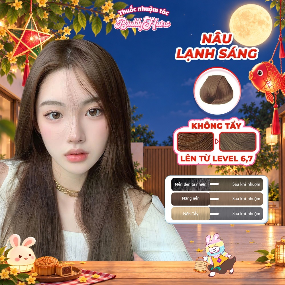Thuốc nhuộm tóc Nâu Lạnh Sáng, Nâu Lạnh, Nâu Trà Sáng không cần dùng Thuốc tẩy tóc Buddyhairs, Buddyhair, Buddy.hairs
