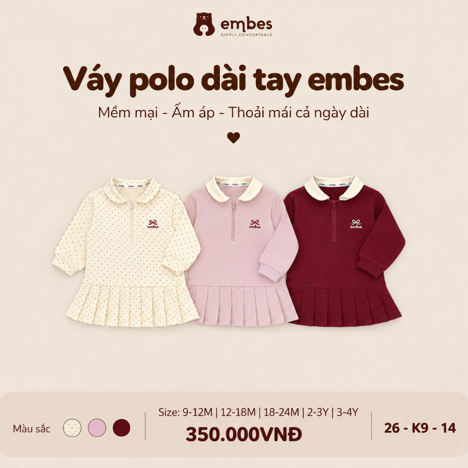 Váy Polo Dài Tay Hình Thêu Nơ Cho Bé Gái Embes Váy Thu Đông Dễ Thương Chất Cotton Mềm Size Từ 8-18kg