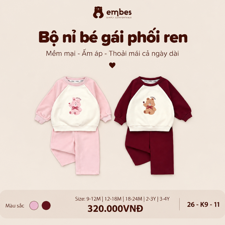 Bộ Quần Áo Nỉ Thu Đông Cho Bé Gái Embes, Bộ Đồ Nỉ Dài Tay Phối Ren Chất Cotton Dày Dặn Size 8-18kg