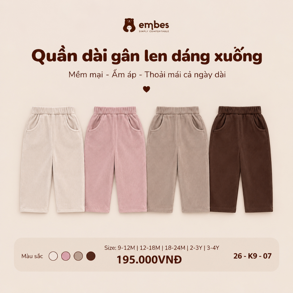Quần Dài Gân Len Cho Bé Gái Embes, Quần Ống Suông Cạp Chun Mặc Thu Đông Chất Polyester Size 8kg-18kg