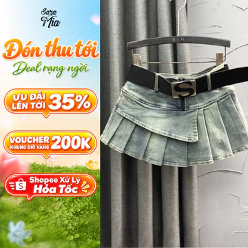 Chân váy jean SARAMIA, chân váy ngắn jean bò dáng chữ A xếp li màu xanh đen siêu hack dáng A27