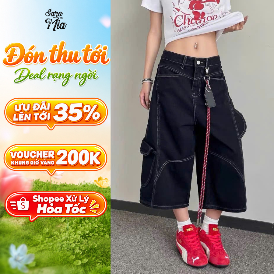 Quần jean nữ dáng lửng ống rộng Saramia quần bò ngố vải denim dài qua gối trend 2026 form retro S11
