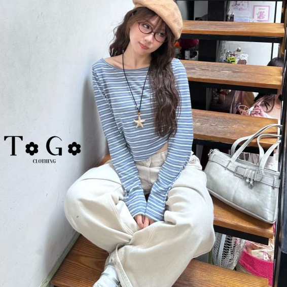 Áo Thun Tay Dài Lệch Vai 𝓣𝓸𝓖𝓸𝓒𝓵𝓸𝓽𝓱𝓲𝓷𝓰  Họa Tiết Kẻ Sọc Form Ôm Body Basic ALV17