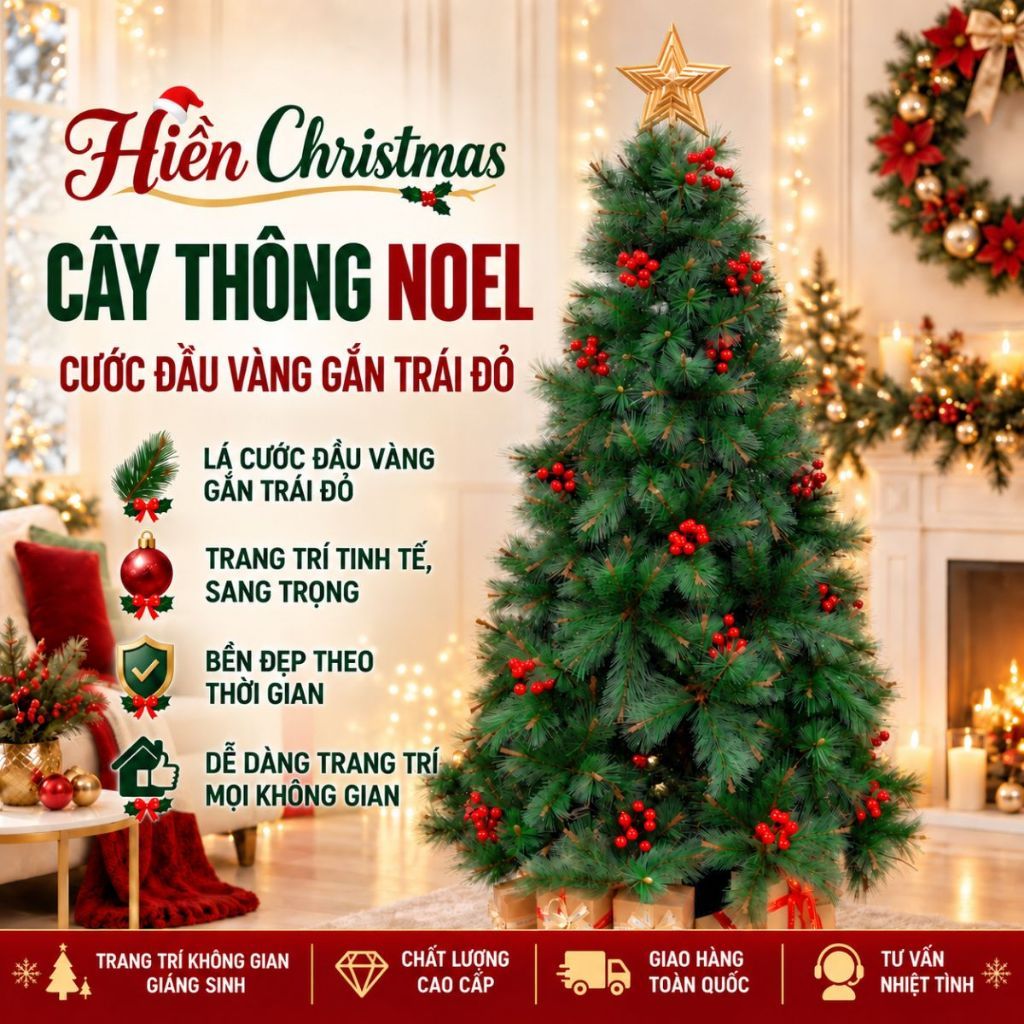 Cây Thông Noel 1M5,1M8,2M,2M1,2M4 Cước Đầu Vàng Gắn Trái Đỏ - Tự Động Xòe Cành Trang Trí Giáng Sinh