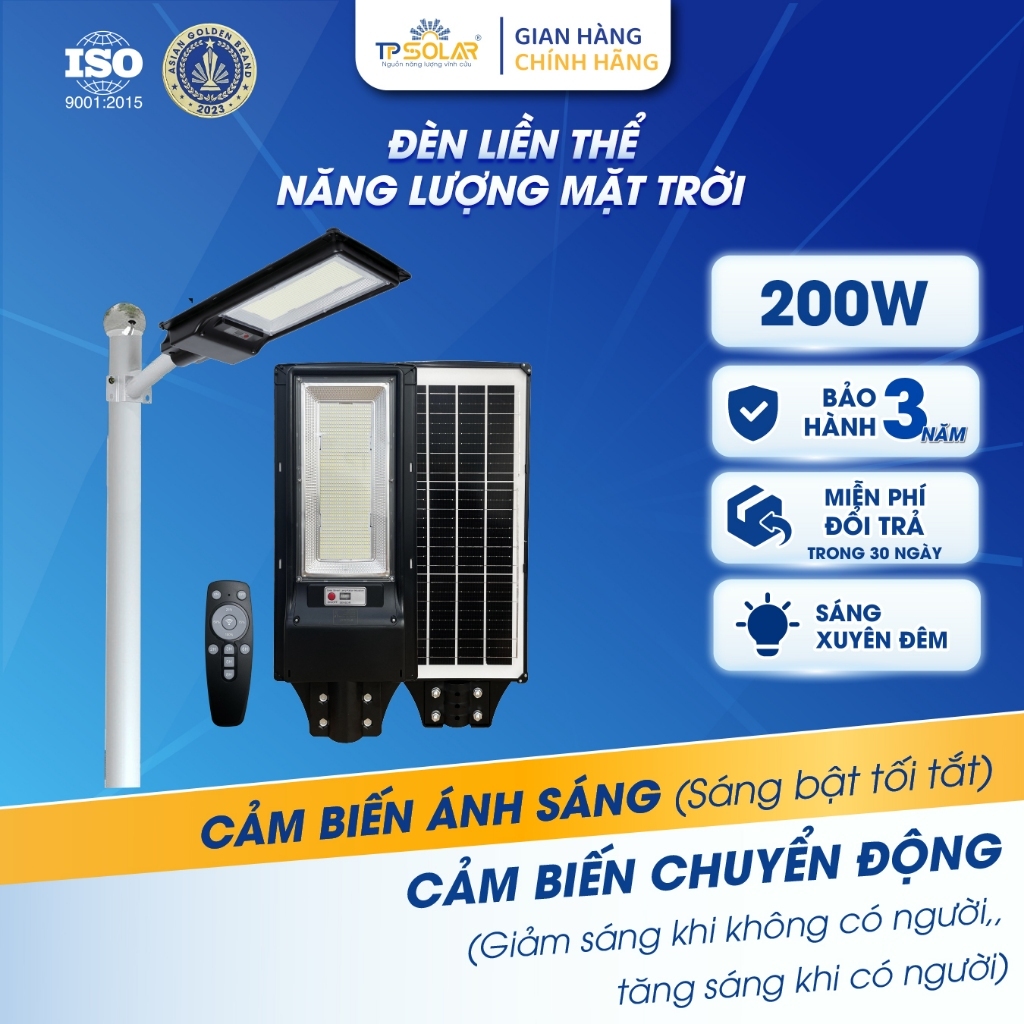 Đèn Đường Liền Thể Năng Lượng Mặt Trời TP SOLAR 200W, Chiếu Sáng 100m2 Xuyên Đêm, Cảm Biến Chuyển Động TP.LT01.200