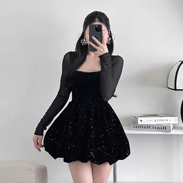 Đầm Dự Tiệc Nữ Nhung Kim Tuyến Tay Lưới Dáng Nữ Tính Đầm Nhung Dự Tiệc Đi Tiệc Chụp Ảnh K6033