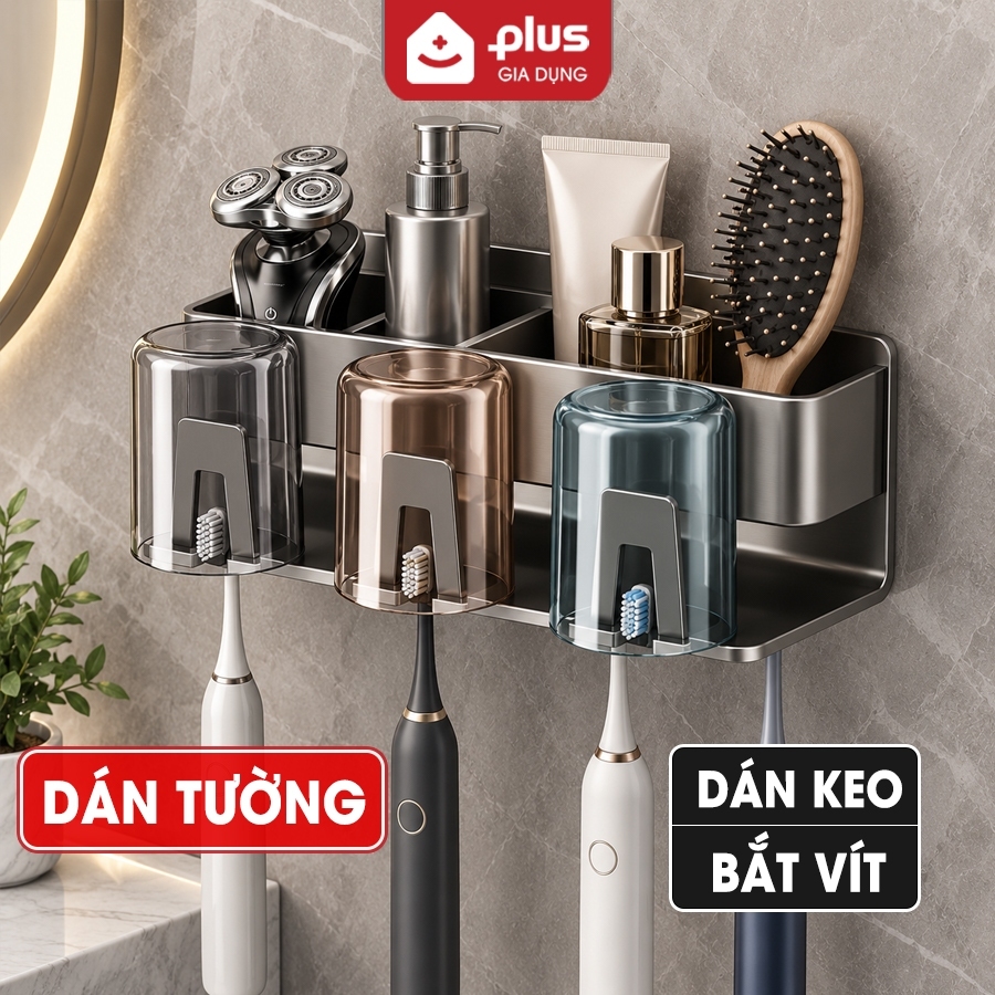 Kệ để bàn chải đánh răng dán tường nhôm chống gỉ, kệ dán tường kèm cốc, chịu lực tốt – cho nhà tắm
