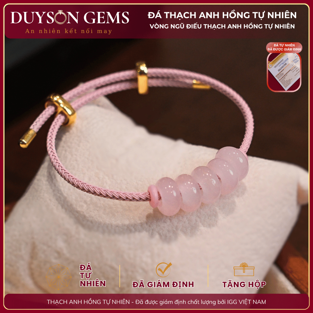 Vòng tay ngũ điếu thạch anh hồng Duyson Gems,vòng tay dây cáp LTPT202