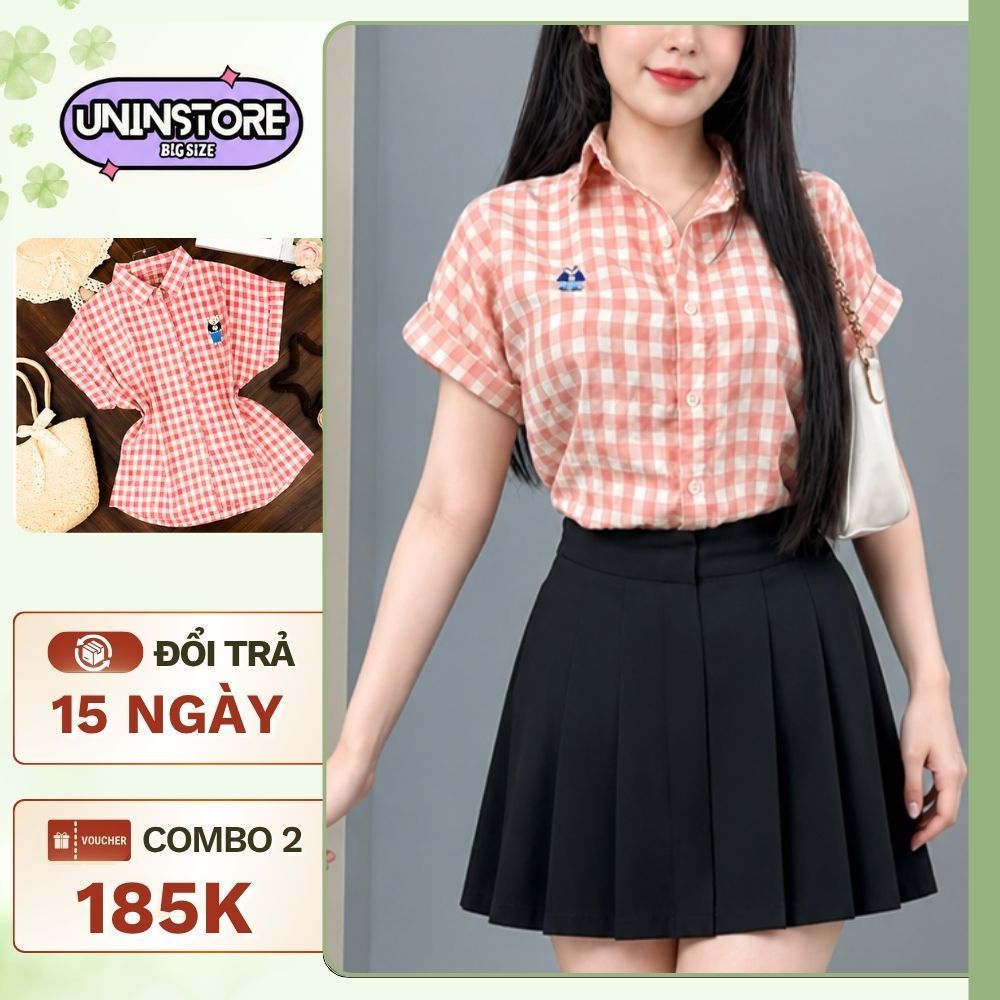 Áo Sơ Mi Nữ Caro Tay Ngắn Form Rộng Hàn Quốc – Áo Kiểu Công Sở Trẻ Trung, Dễ Phối Đồ -BS077