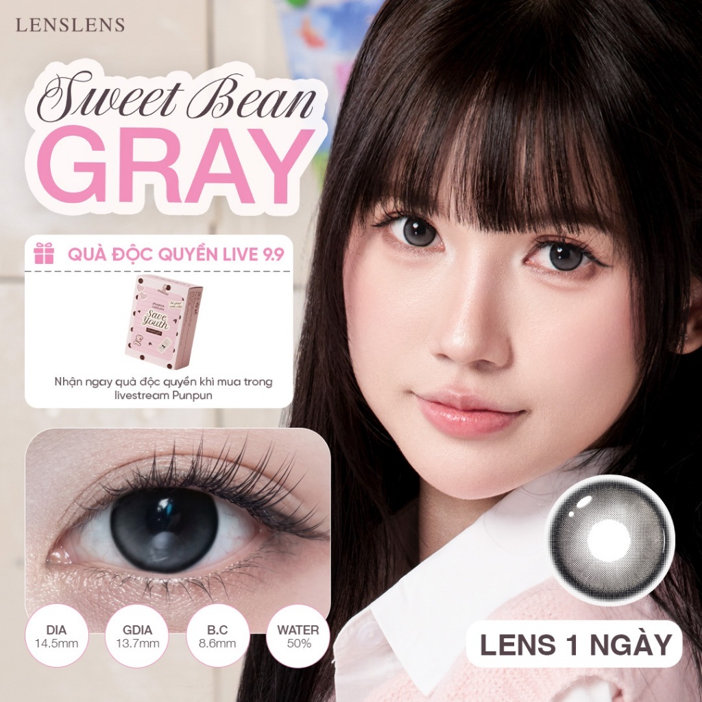 [PUNPUN] [Lens 1 Ngày] Lens Mắt Kính Áp Tròng Dùng 1 Lần Xám Mịn Tự Nhiên Sweet Bean Gray 14.5mm _ T6-C3