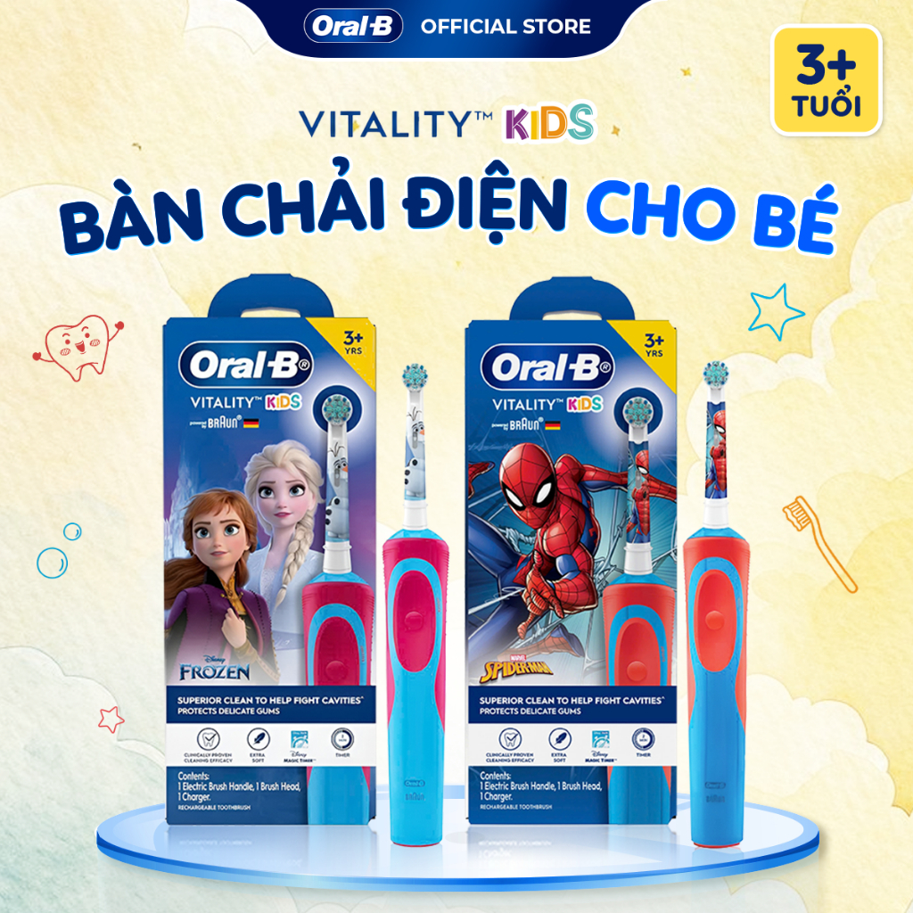 Bàn Chải Điện Cho Bé Oral-B Chính Hãng Vitality Kids Spiderman/Elsa | An Toàn Cho Bé Lông Siêu Mềm, Sạch Sâu | 3+ Tuổi