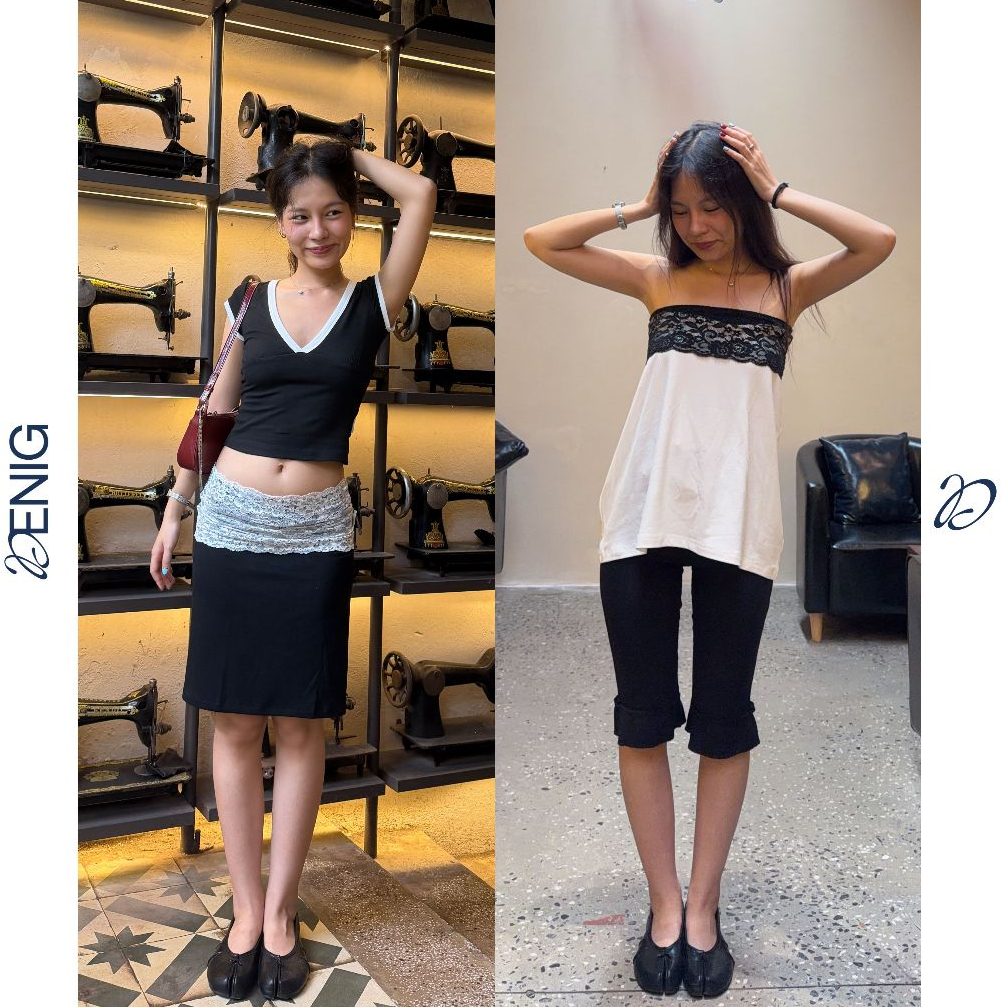 Chân váy thun midi phối ren cạp trễ kiểu dáng basic DENIG - DALI SKIRT (Có thể mặc thành áo)