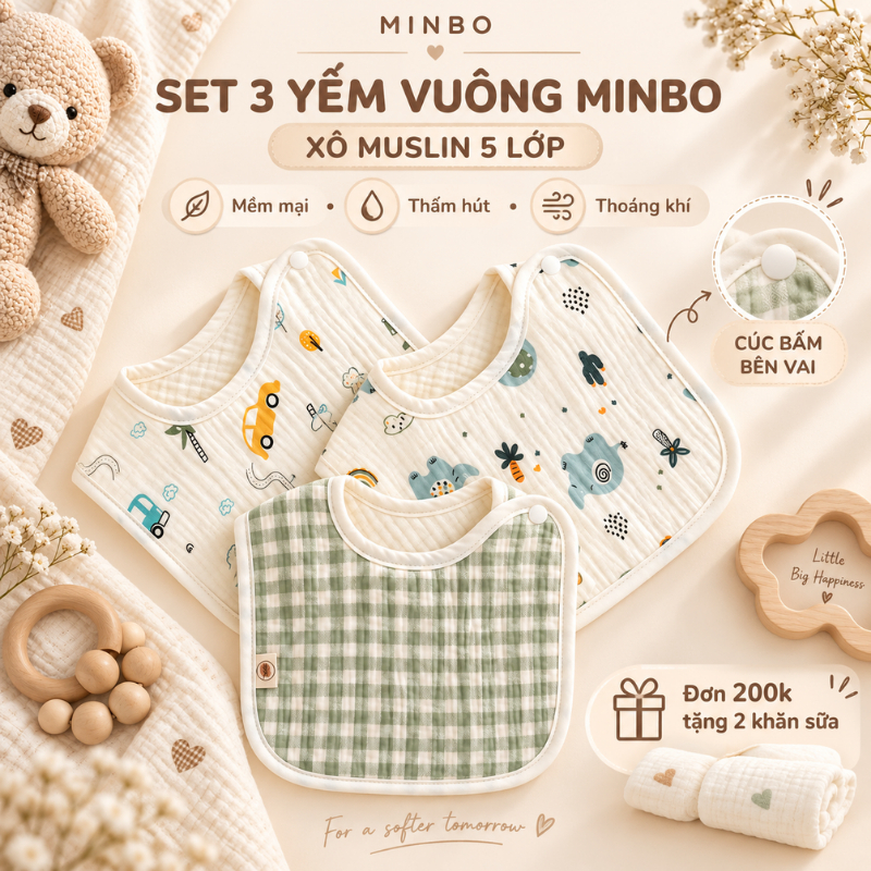 Set 3 Yếm Xô Muslin Cho Bé MINBO 5 Lớp Dáng Vuông Cúc Bấm Vai, Yếm Ăn Dặm Chảy Dãi Cho Bé Sơ Sinh