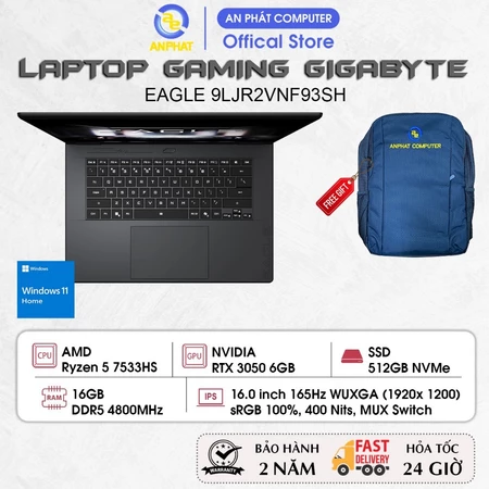 Laptop GIGABYTE GAMING EAGLE 9LJR2VNF93SH, Ryzen 5 7533HS, RTX 3050 6GB, 16GB RAM, 512GB SSD, 16.0 FHD+ 165Hz, Win11