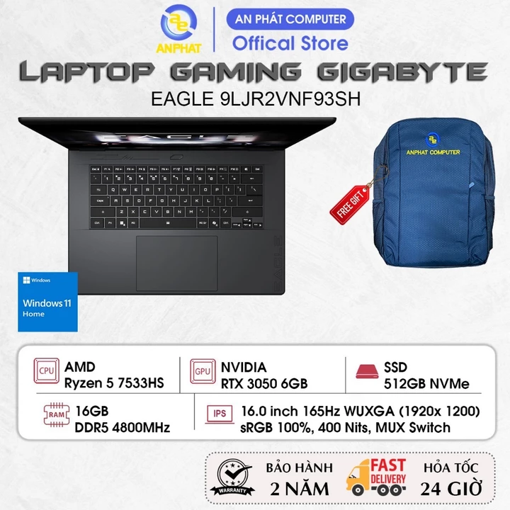 Laptop GIGABYTE GAMING EAGLE 9LJR2VNF93SH, Ryzen 5 7533HS, RTX 3050 6GB, 16GB RAM, 512GB SSD, 16.0 FHD+ 165Hz, Win11