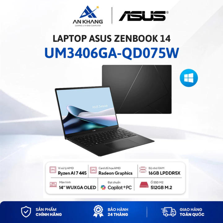Laptop ASUS Zenbook 14 UM3406GA-QD075W | Ryzen AI 7 445 | RAM 16GB LPDDR5X | SSD 512GB | 14" WUXGA OLED | Win11 | Đen