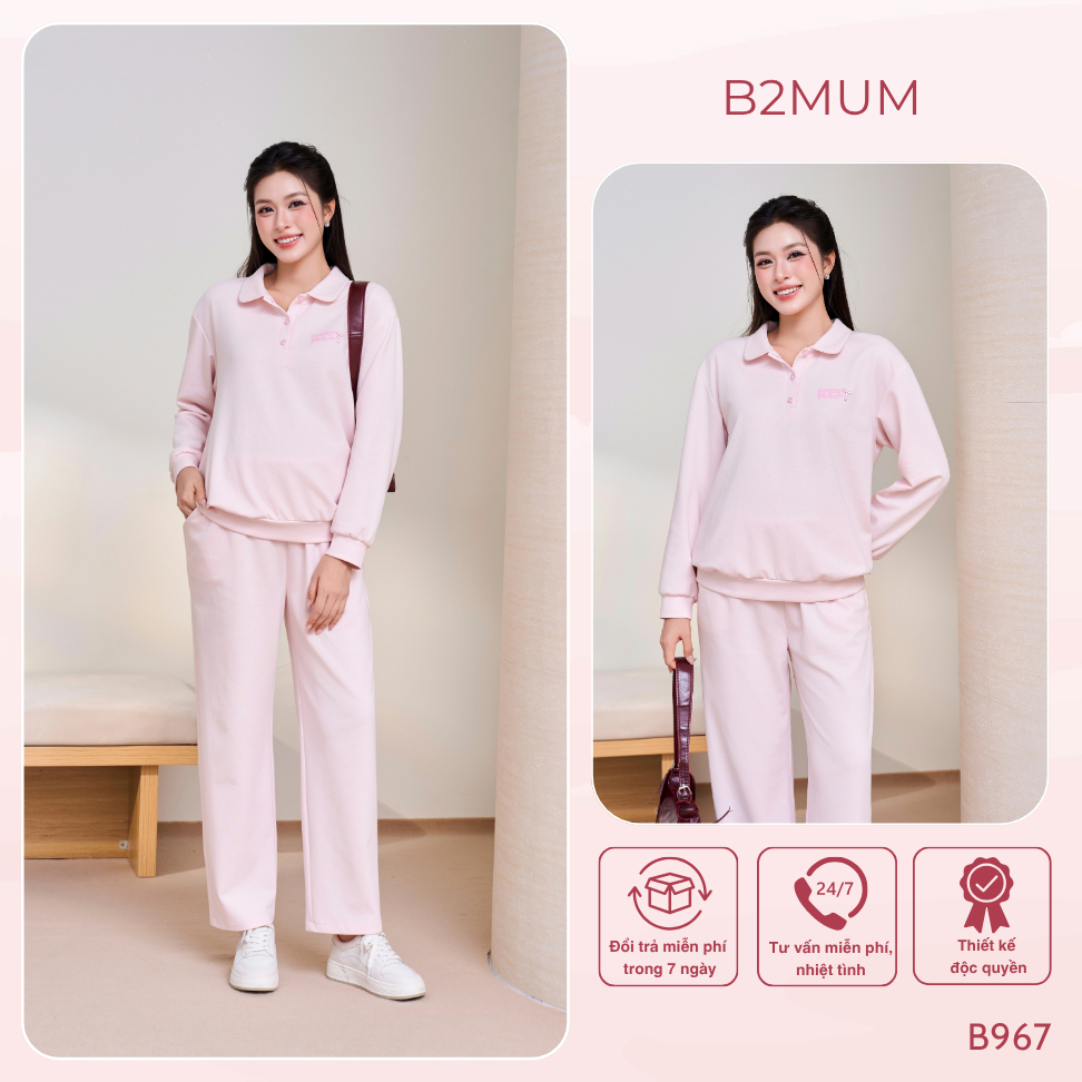 Bộ Đồ Bầu Dáng Suông Cổ Polo Hồng Pastel, Mặc Nhà Dạo Phố Thoải Mái Amber Set B967 By B2MUM