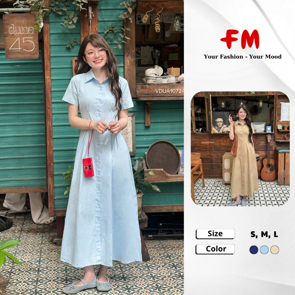 Váy Đầm Nữ Dáng Dài FMSTYLE Chữ A Chít Eo Cổ Bẻ Phối Nút Thanh Lịch 26080194