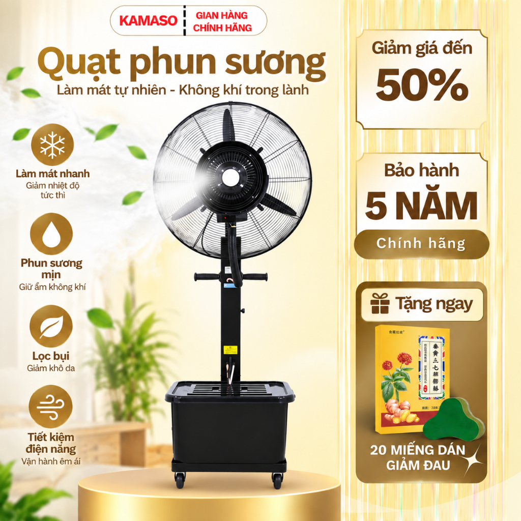 Quạt phun sương công suất lớn Kamaso 2026 Quạt công nghiệp siêu mát nhanh Bảo hành chính hãng 5 năm