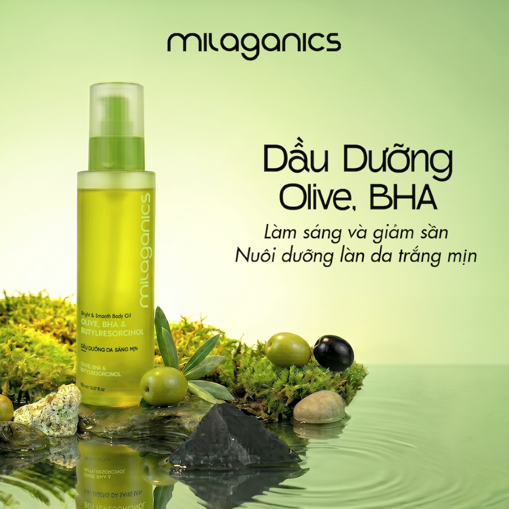 Body oil olive dưỡng sáng da MILAGANICS giúp cấp ẩm mềm mịn trắng sáng và hỗ trợ giảm thâm sạm da