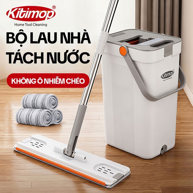 Bộ lau nhà tách nước bẩn KITIMOP SC09 thùng tự giặt vắt, bàn lau 38cm, kèm 3 bông lau