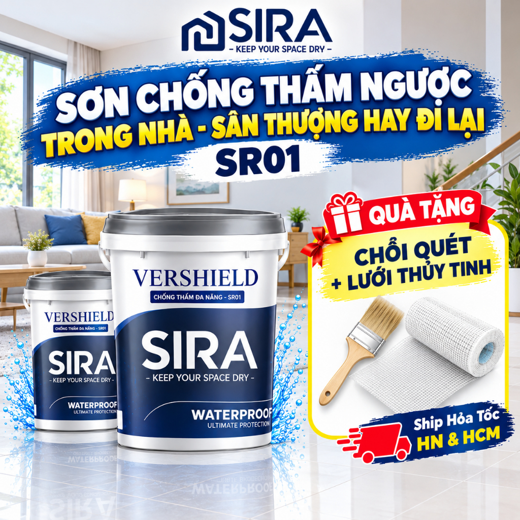 [1KG - 8KG] Sơn chống thấm ngược, tường giáp ranh, mái nhà, chống thấm máng xối, sân thượng - SIRA SR01