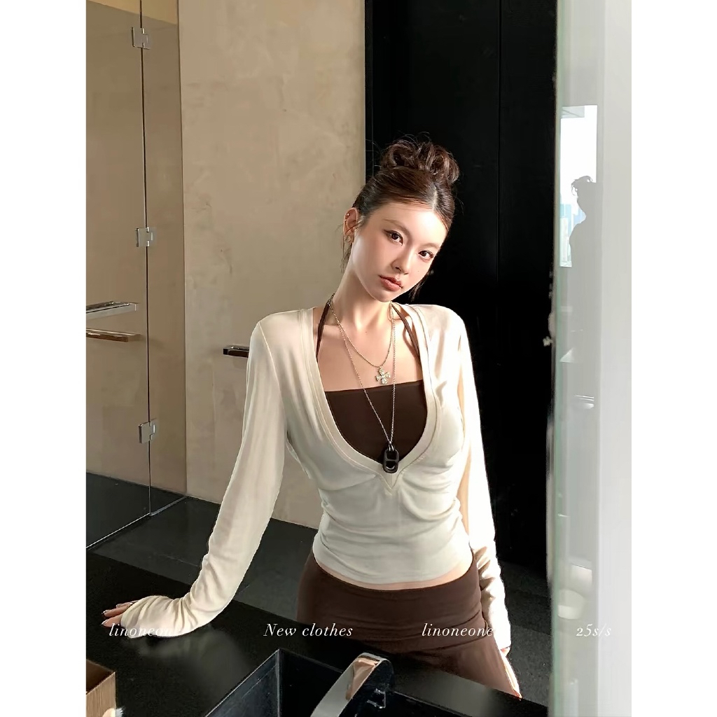 Áo thun nữ dài tay cổ U + áo quây trong – áo thun ôm body sexy tôn dáng phong cách Hàn Quốc đi chơi, dạo phố [ E_A71 ]