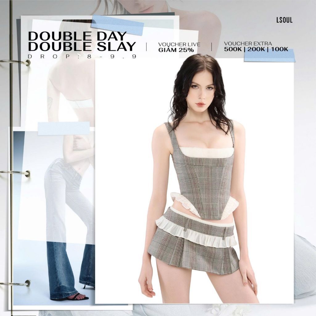 LSOUL - Moni Set Áo Corset Hai Dây Phối Voan + Chân Váy Miniskirt Cạp Voan A25072830 CV25070727