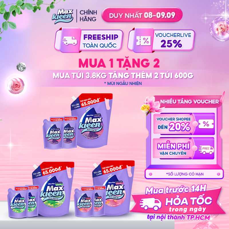 [MUA 1 TẶNG 1] Túi Nước Giặt Xả MaxKleen 3.8kg tặng 1 túi nước giặt 600gram Mùi ngẫu nhiên