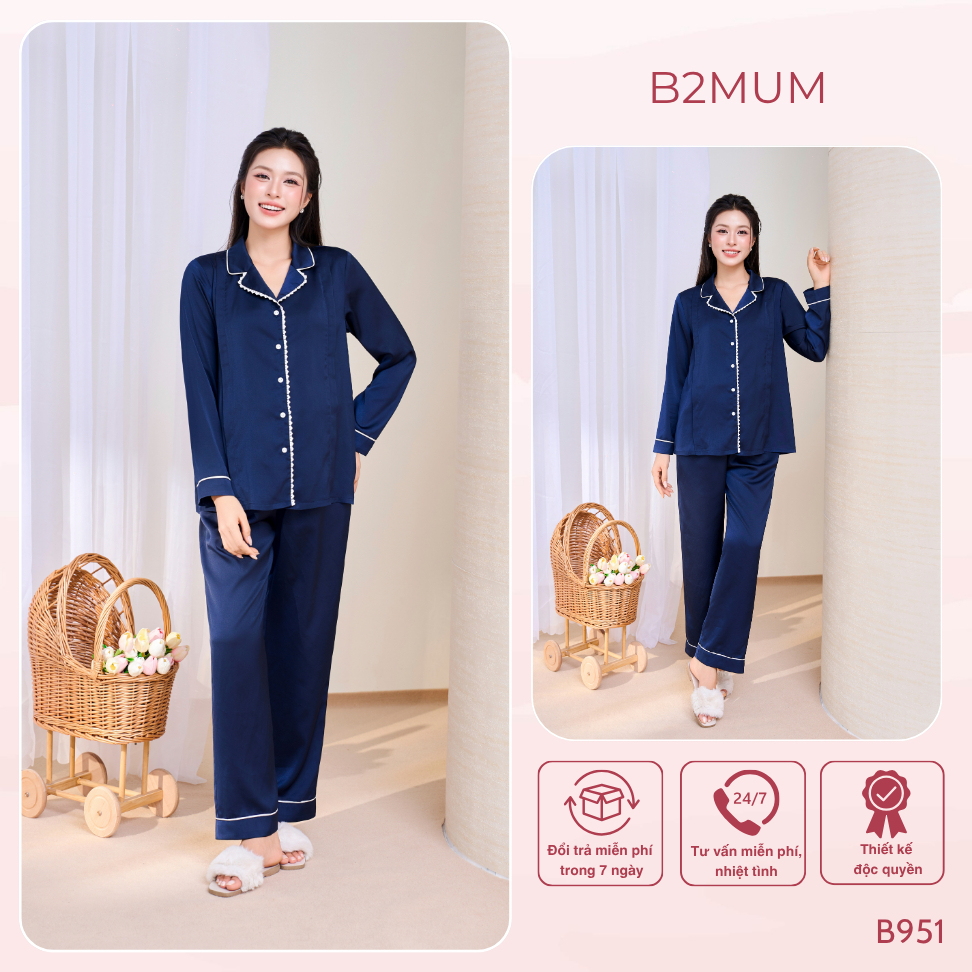 Bộ Pijama Bầu Mặc Nhà Dài Tay Dáng Suông Cổ Viền Trắng Thanh Lịch, Thoải Mái Dễ Mặc Celi Set B951 by B2MUM