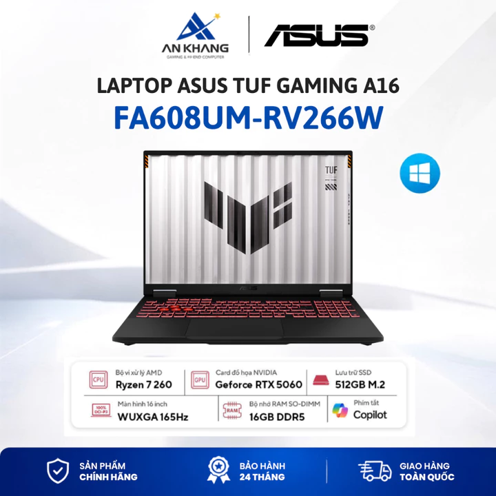 Laptop ASUS TUF Gaming A16 FA608UM-RV266W | Ryzen 7 260 | RAM 16GB | SSD 512GB | RTX 5060 8GB | W11 | BH 24 Tháng