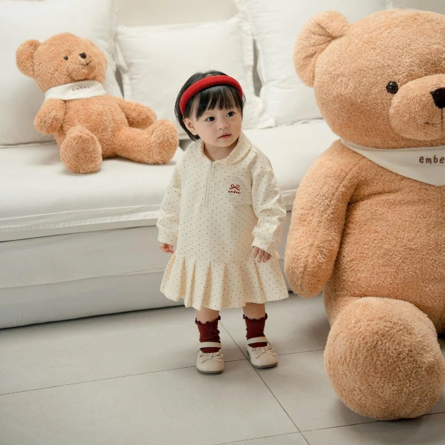 Váy Polo Bé Gái Embes, Váy Polo Dài Tay Thêu Nơ Dáng Suông Phối Chân Váy Xếp Ly Cho Bé Gái Từ 8-18Kg