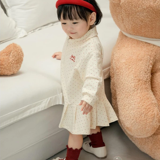 Váy Polo Bé Gái Embes, Váy Polo Dài Tay Thêu Nơ Dáng Suông Phối Chân Váy Xếp Ly Cho Bé Gái Từ 8-18Kg