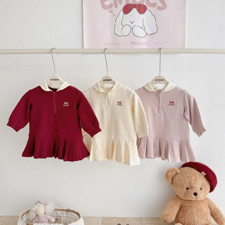 Váy Polo Bé Gái Embes, Váy Polo Dài Tay Thêu Nơ Dáng Suông Phối Chân Váy Xếp Ly Cho Bé Gái Từ 8-18Kg