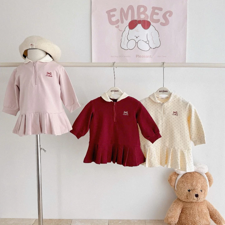 Váy Polo Bé Gái Embes, Váy Polo Dài Tay Thêu Nơ Dáng Suông Phối Chân Váy Xếp Ly Cho Bé Gái Từ 8-18Kg