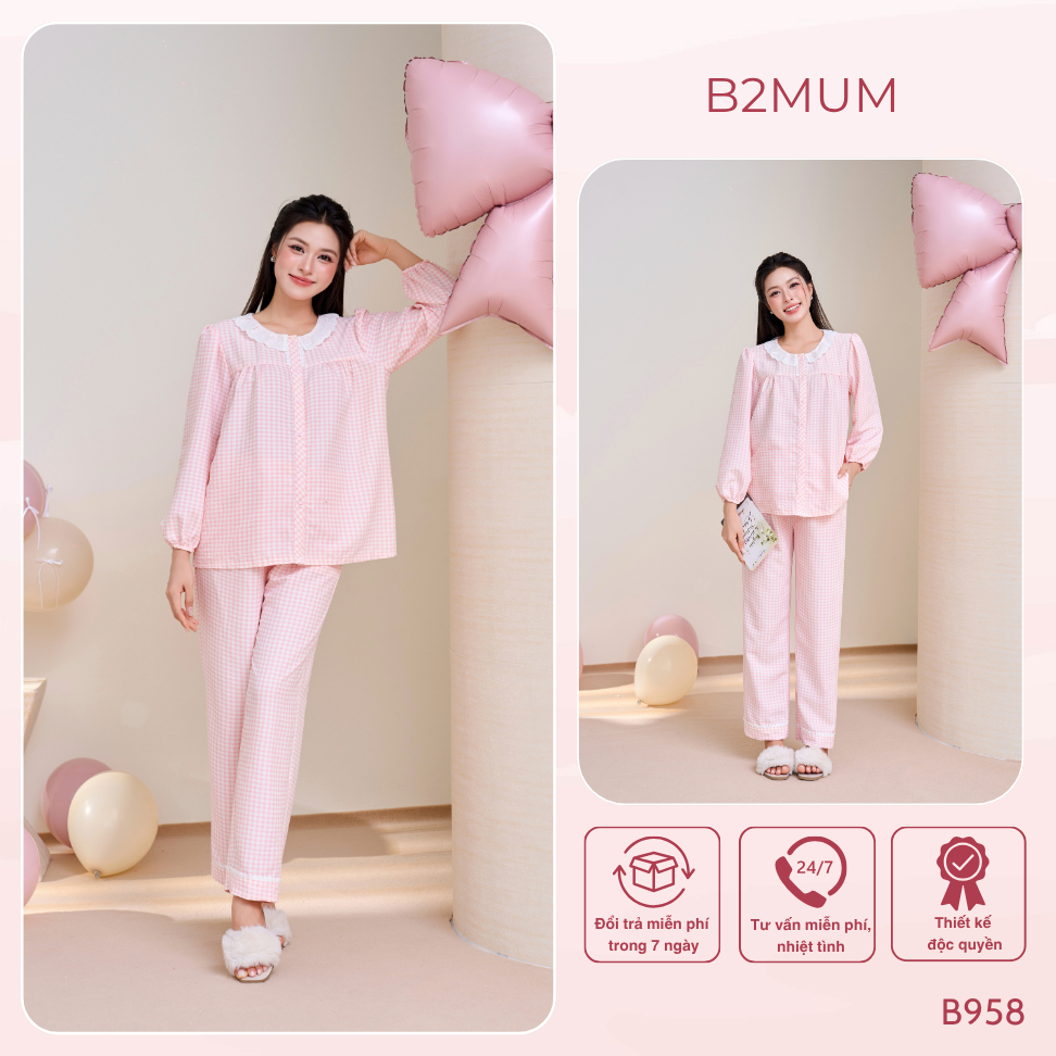 Bộ Pijama Bầu Mặc Nhà Dài Tay Dáng Suông Caro Hồng Cổ Bèo Trắng, Thoải Mái Dễ Mặc Sophia Set B958 by B2MUM