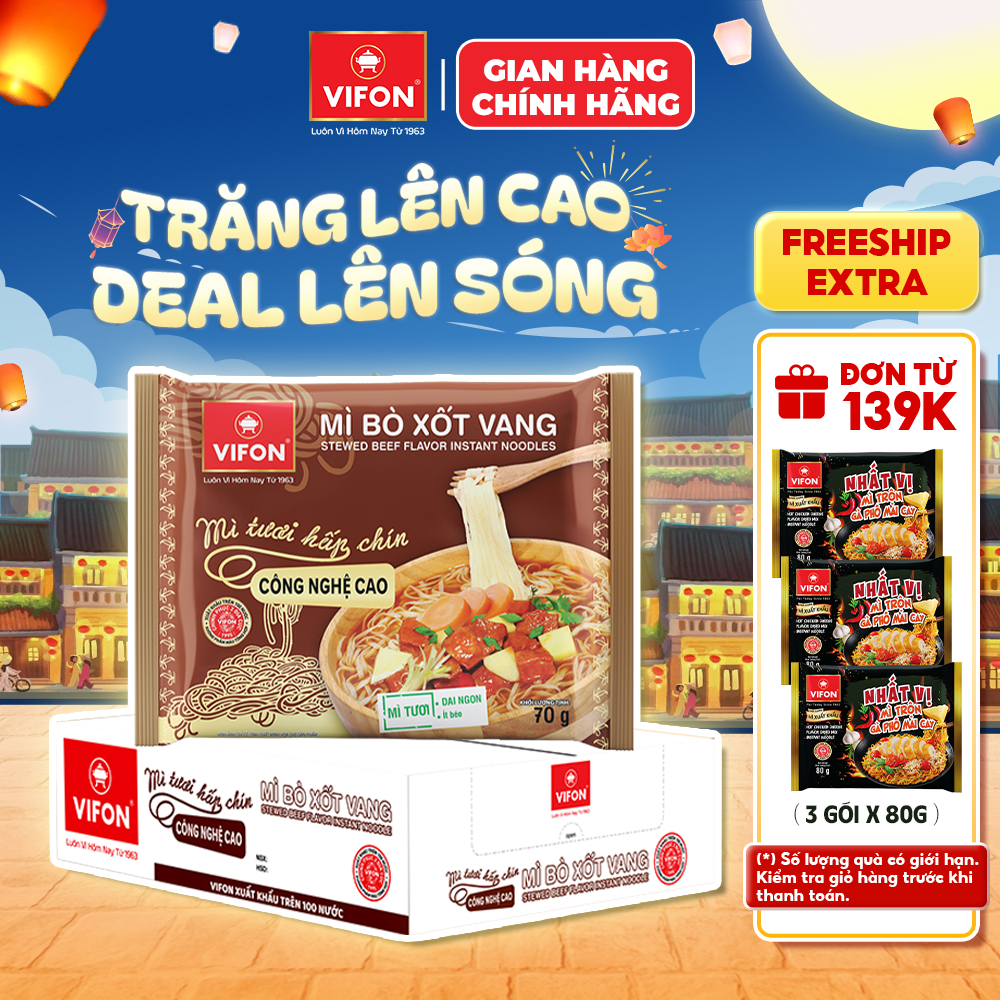 [Hỏa Tốc + Voucher 15%] Thùng 30 gói Mì Tươi Bò Xốt Vang/ Thịt Bằm / Tôm Chua Cay VIFON 70gr/Gói