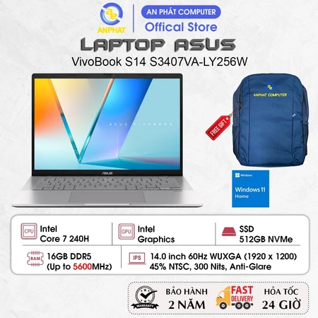 Laptop ASUS VivoBook S14 S3407VA-LY256W, Core 7 240H, 16GB RAM, 512GB SSD, 14.0 FHD+ IPS, Win11