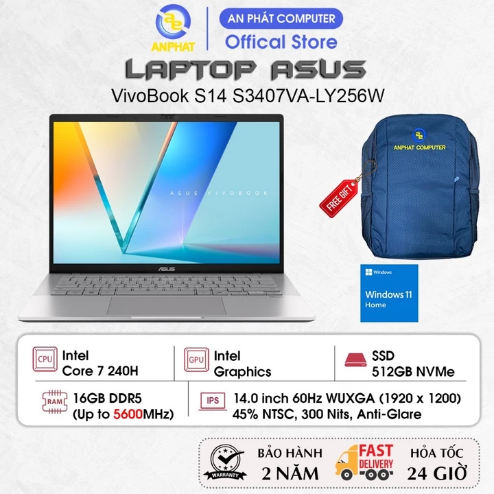 Laptop ASUS VivoBook S14 S3407VA-LY256W, Core 7 240H, 16GB RAM, 512GB SSD, 14.0 FHD+ IPS, Win11