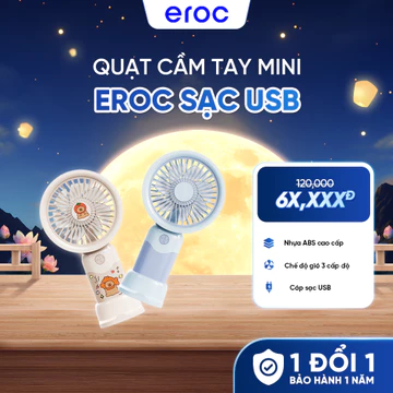 Quạt Cầm Tay Mini Eroc Sạc USB – Quạt Mini Cầm Tay Gió Mạnh, Pin Trâu, 3 Tốc Độ, Có Dây Đeo, Quạt Tích Điện Cầm Tay