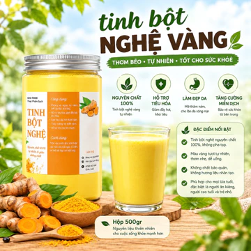 500gr Tinh bột nghệ Rẫy Đaklak nguyên chất 100% được làm từ nghệ sẻ già, lọc qua nhiều nước, hổ trợ đường ruột cực tốt
