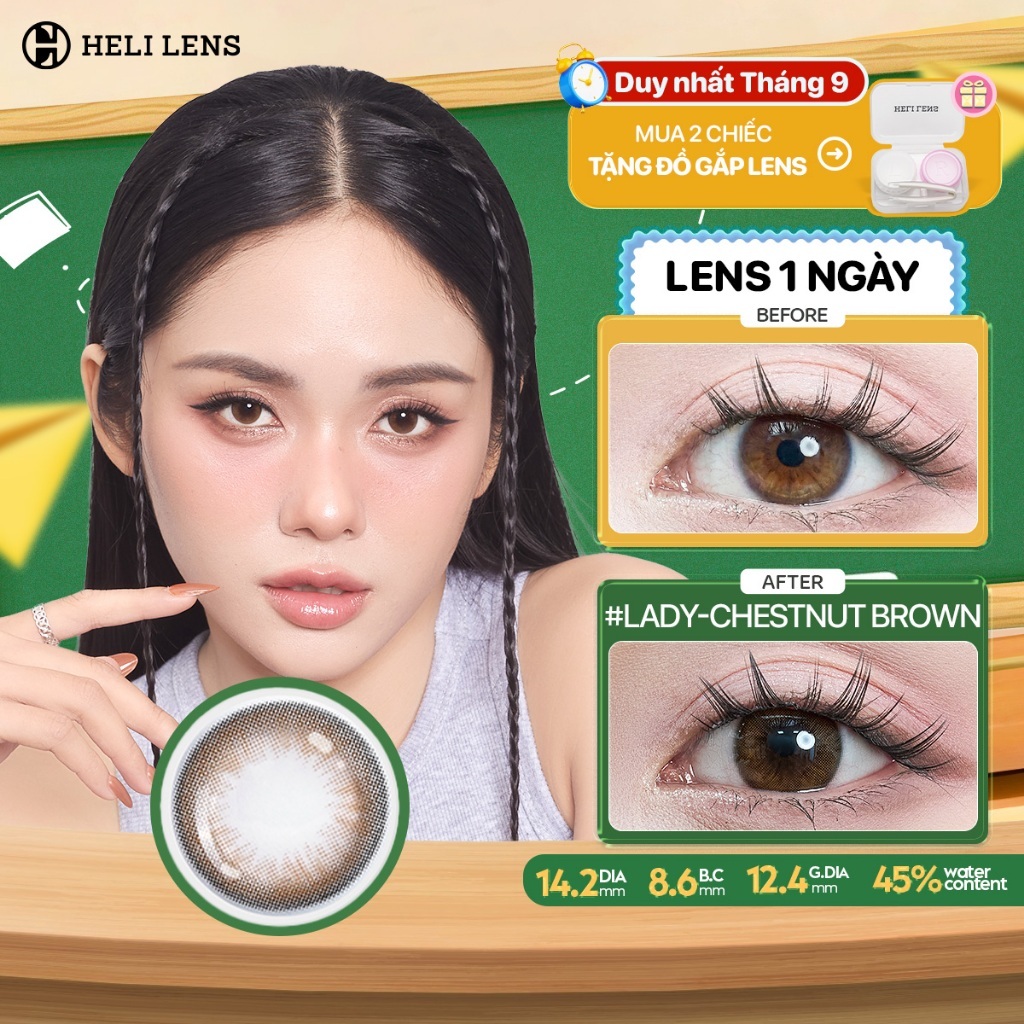 [1 Chiếc] Kính Áp Tròng Heli Lens 1 Ngày Màu Lady-Chestnut Brown Độ Cận 0-8 Độ Hạn Chế Khô Mắt