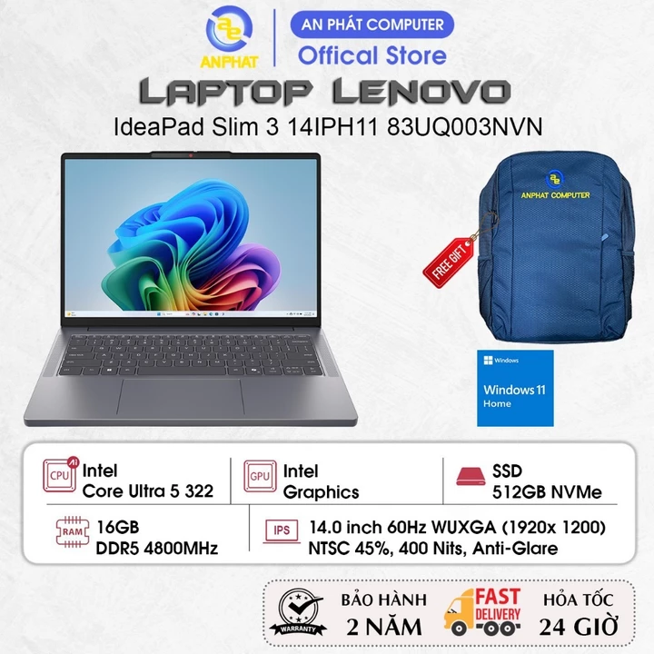 Laptop Lenovo IdeaPad Slim 3 14IPH11 83UQ003NVN, Core Ultra 5 322, 16GB RAM, 512GB SSD, 14.0 FHD+ IPS, Win11