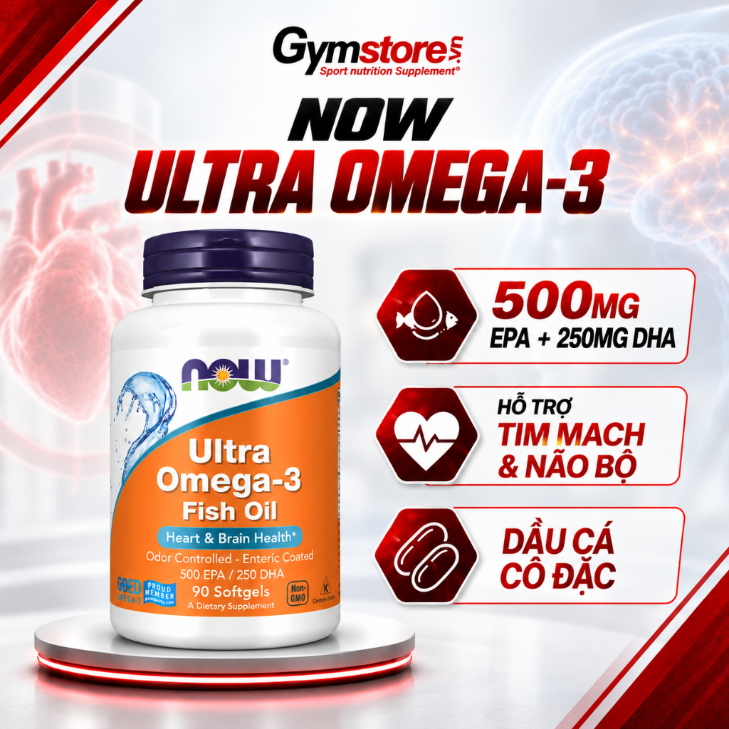 Viên dầu cá Now Ultra Omega-3 Fish Oil, 500 EPA / 250 DHA giúp giảm khô mỏi mắt, cải thiện trí nhớ - Gymstore