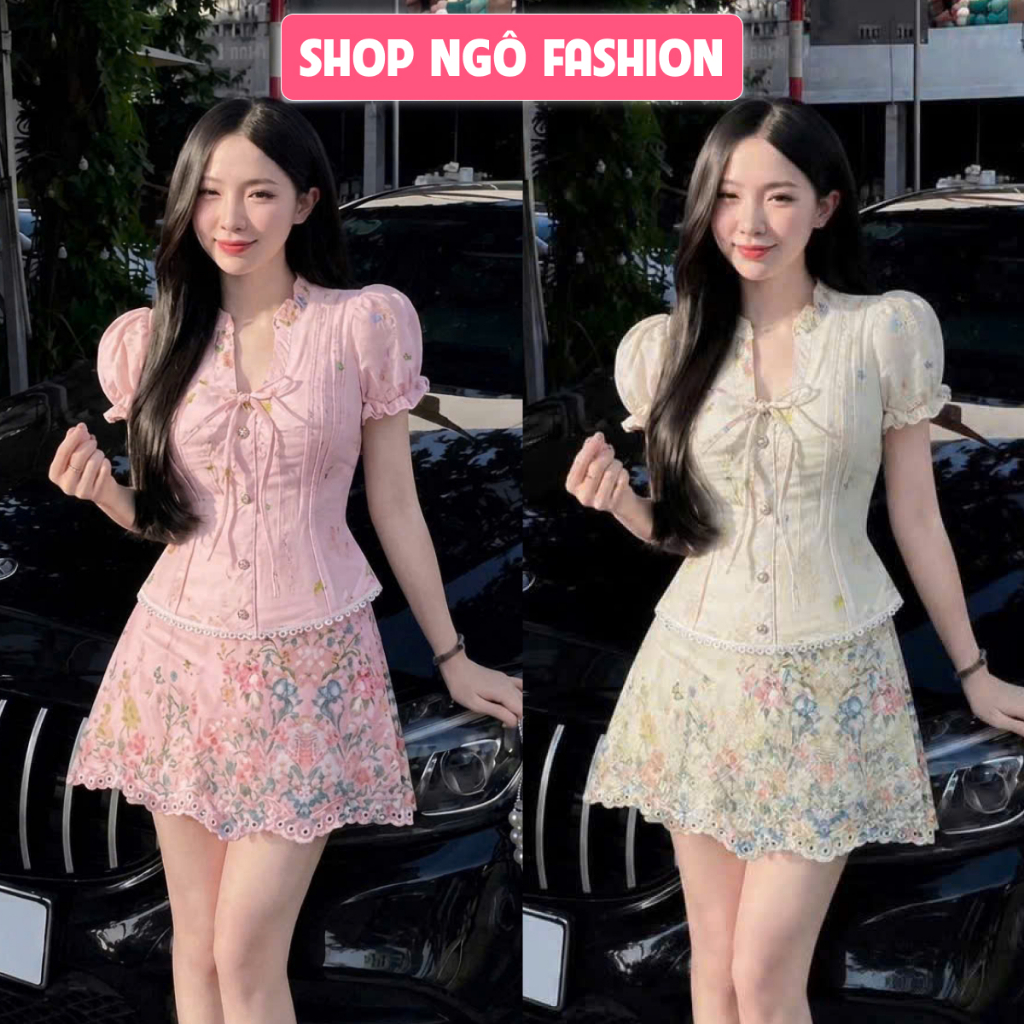 Set váy ngắn - Set xô thêu hoa siêu sang tôn dáng cho nàng dự tiệc, áo cổ trụ cột nơ tay bồng cài cúc thun sau+váy ngắn